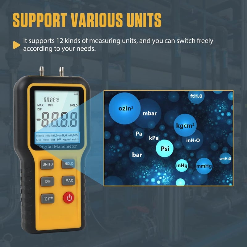LUTIFIX مقياس الضغط، مقياس ضغط HVAC ذو منفذين مع مفتاح 12 وحدة، وظيفة التخزين والتذكير، جهاز اختبار ضغط الغاز المسال لاختبار درجة الحرارة والضغط، MMT2118563 - Image 5